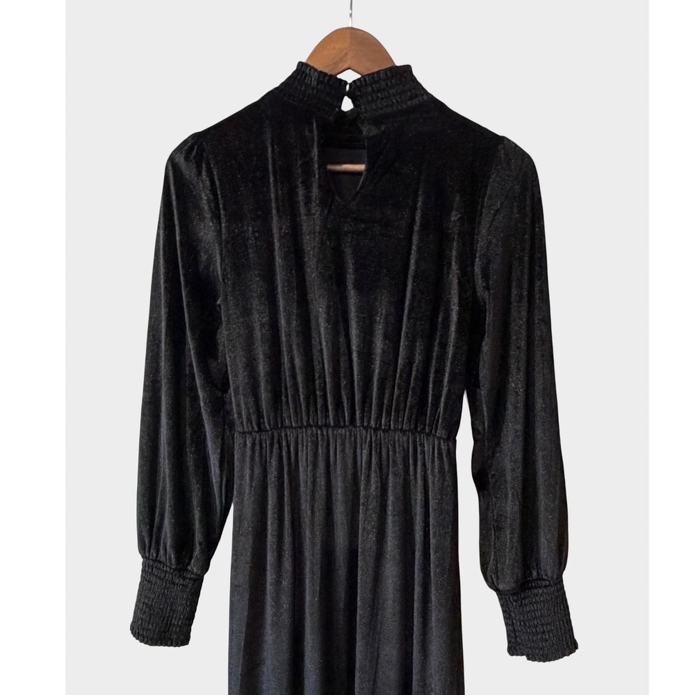Baltic Born Black Velvet Maxi Dress Mock Neck Smocked Cuff Small Gothic Witchy - Picture 6 of 10